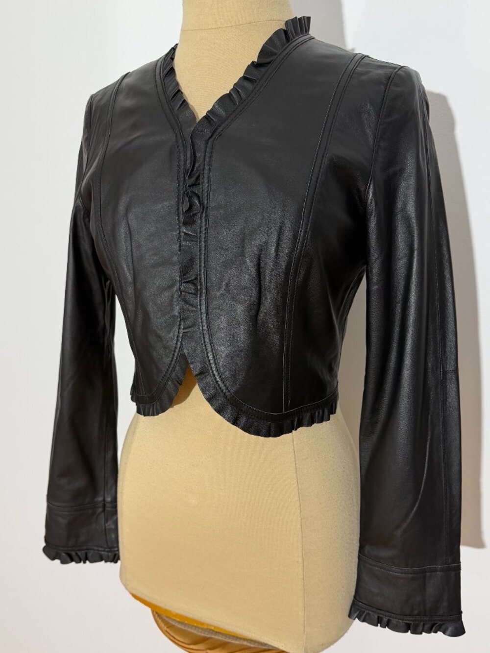 Tristan Y2K Black Leather Cropped Bolero Ruffle Trim Jacket